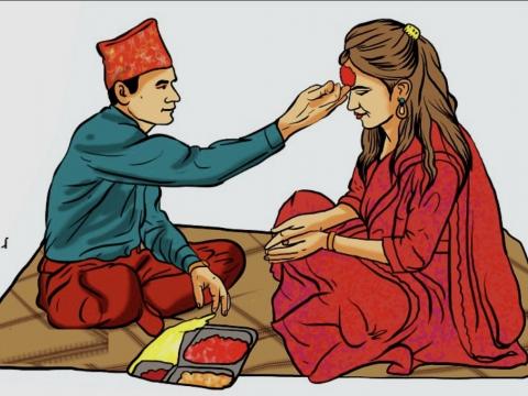 शुभ साइतको प्रतीक रातो टीका र समृद्धिको प्रतीक जमरा लगाइँदै शुभ साइतको प्रतीक रातो टीका र समृद्धिको प्रतीक जमरा लगाइँदै
